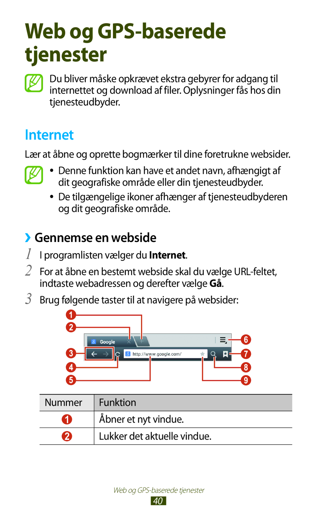 Samsung GT-P3100ZWANEE, GT-P3100TSANEE, GT-P3100GRANEE manual ››Gennemse en webside, Programlisten vælger du Internet 