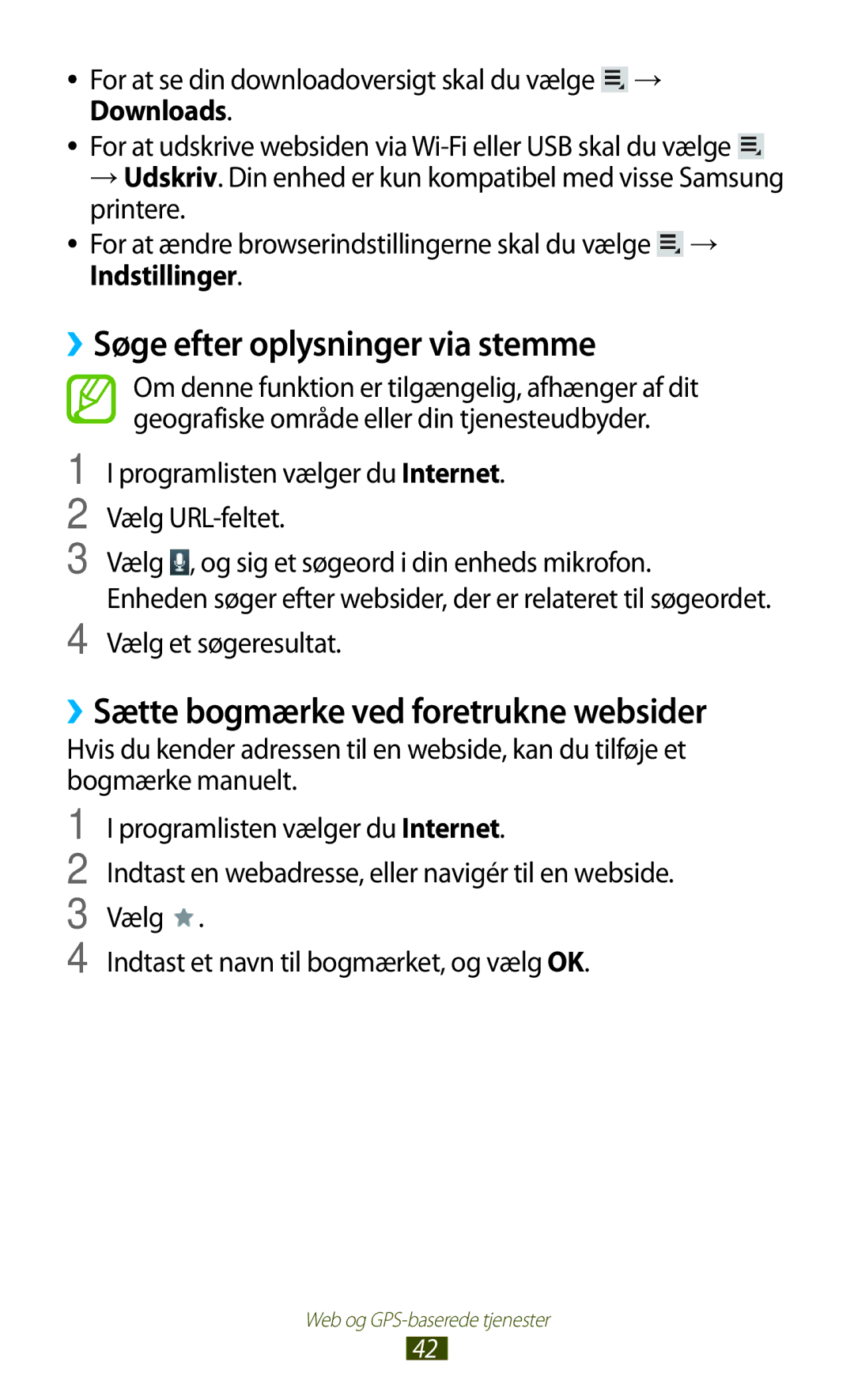 Samsung GT-P3100TSANEE, GT-P3100ZWANEE manual ››Søge efter oplysninger via stemme, ››Sætte bogmærke ved foretrukne websider 