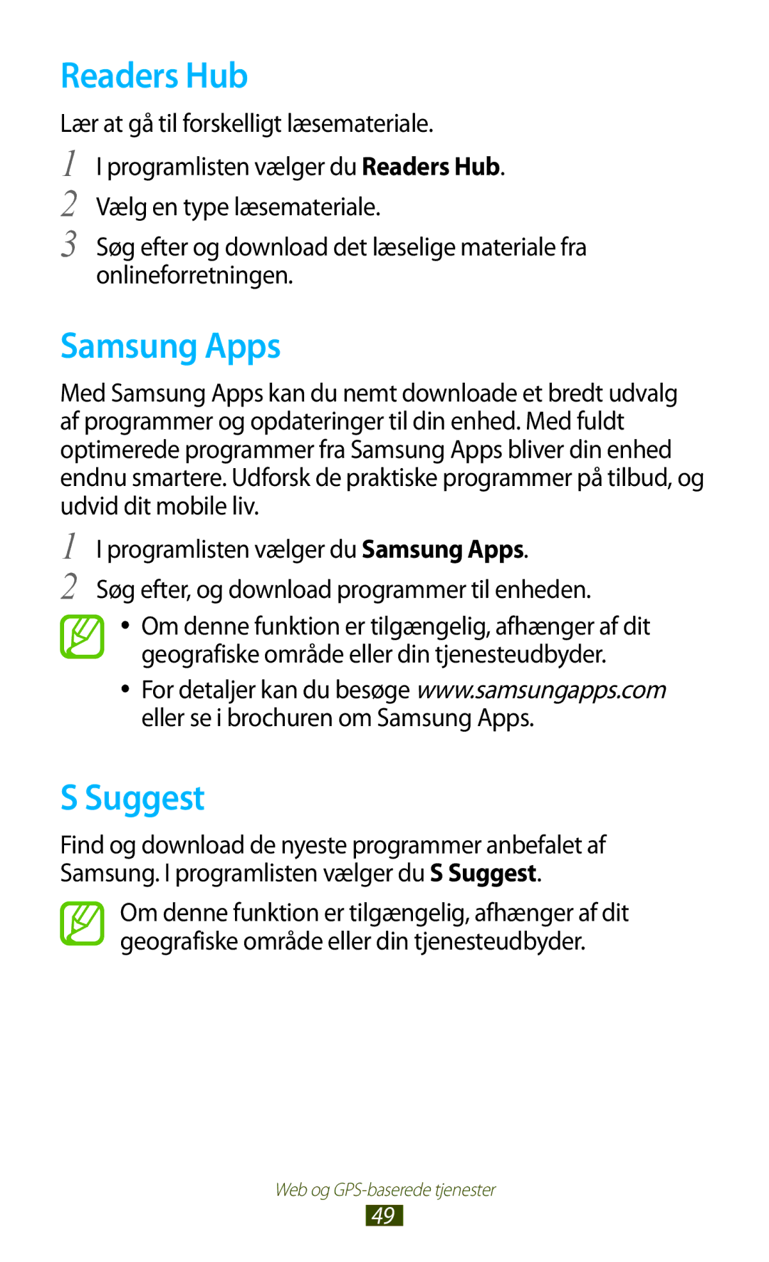 Samsung GT-P3100ZWANEE, GT-P3100TSANEE, GT-P3100GRANEE manual Readers Hub, Samsung Apps, Suggest 