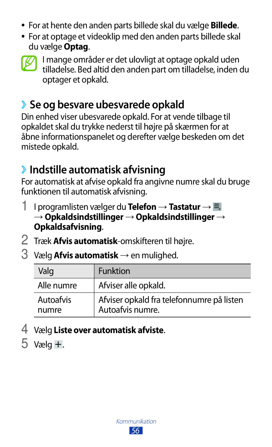 Samsung GT-P3100GRANEE manual ››Se og besvare ubesvarede opkald, ››Indstille automatisk afvisning, Opkaldsafvisning 