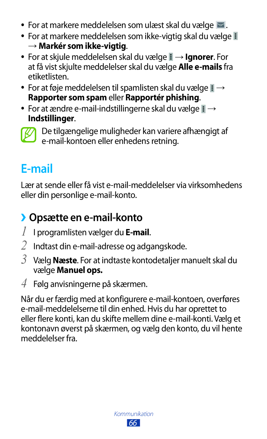 Samsung GT-P3100TSANEE, GT-P3100ZWANEE, GT-P3100GRANEE manual Mail, ››Opsætte en e-mail-konto, → Markér som ikke-vigtig 