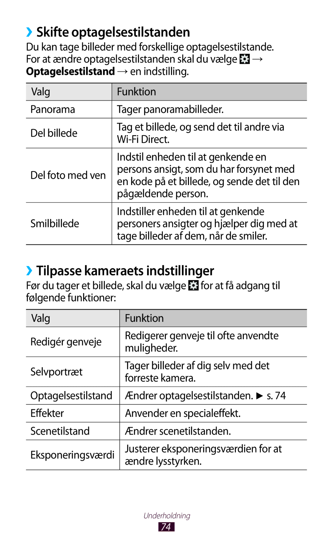 Samsung GT-P3100GRANEE, GT-P3100TSANEE, GT-P3100ZWANEE ››Skifte optagelsestilstanden, ››Tilpasse kameraets indstillinger 