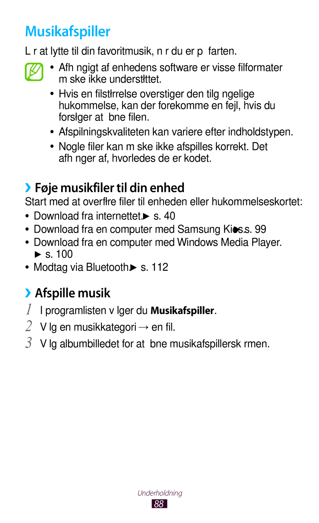 Samsung GT-P3100ZWANEE manual Musikafspiller, ››Føje musikfiler til din enhed, ››Afspille musik, Modtag via Bluetooth. s 