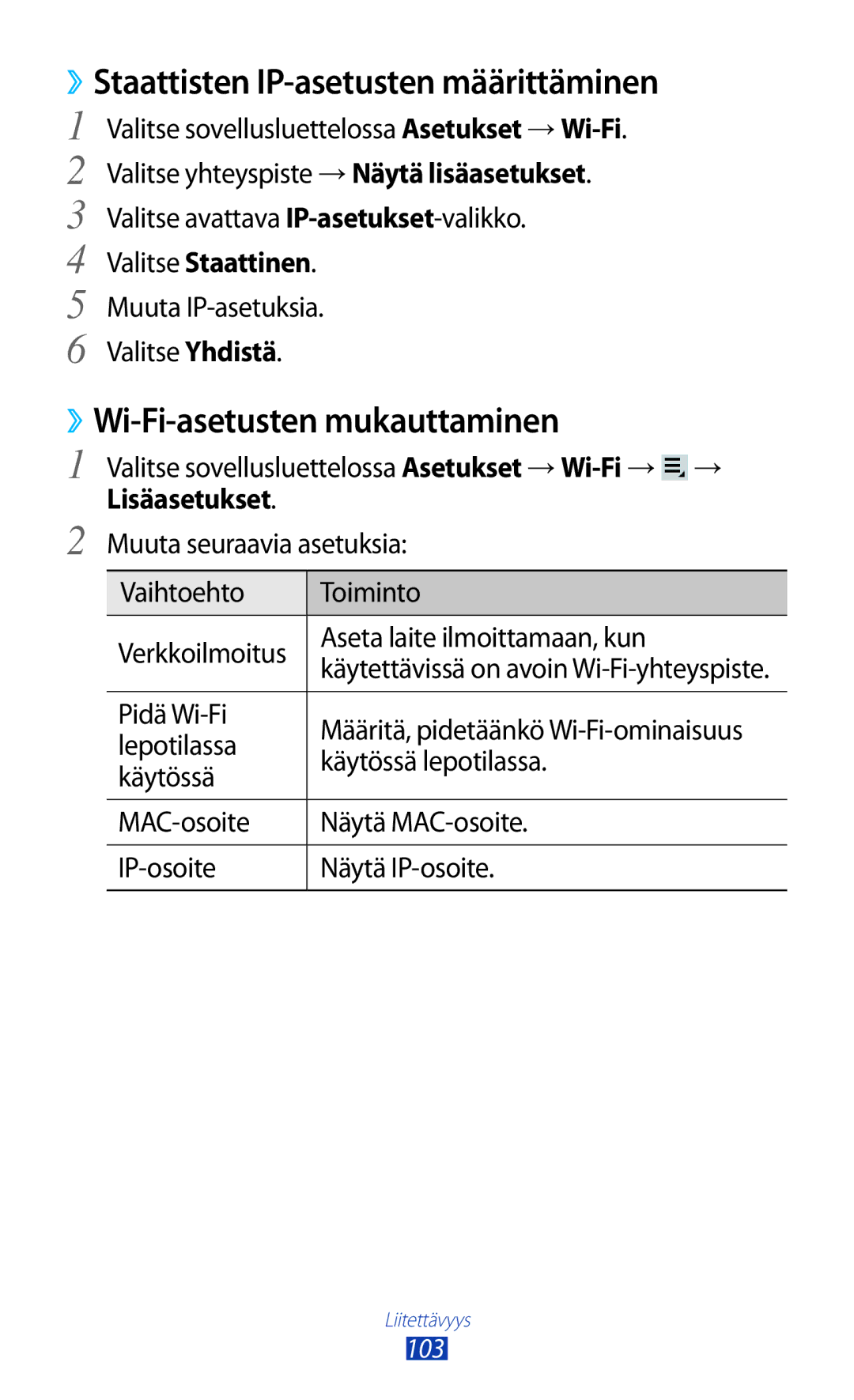 Samsung GT-P3100ZWANEE manual ››Staattisten IP-asetusten määrittäminen, ››Wi-Fi-asetusten mukauttaminen, Valitse Staattinen 