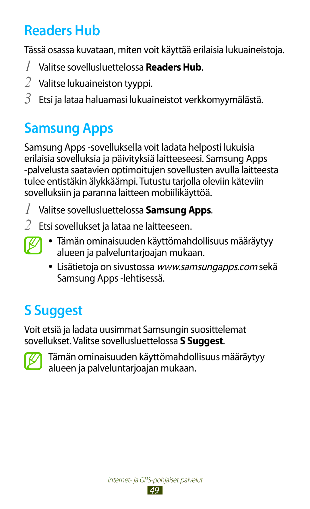 Samsung GT-P3100ZWANEE, GT-P3100TSANEE, GT-P3100GRANEE manual Readers Hub, Samsung Apps, Suggest 