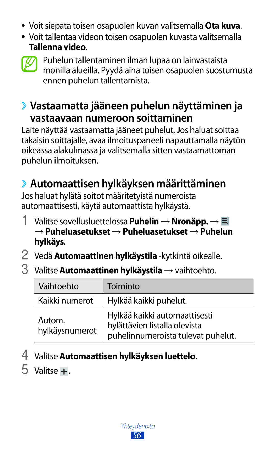 Samsung GT-P3100GRANEE manual ››Automaattisen hylkäyksen määrittäminen, Valitse sovellusluettelossa Puhelin →Nronäpp. → 