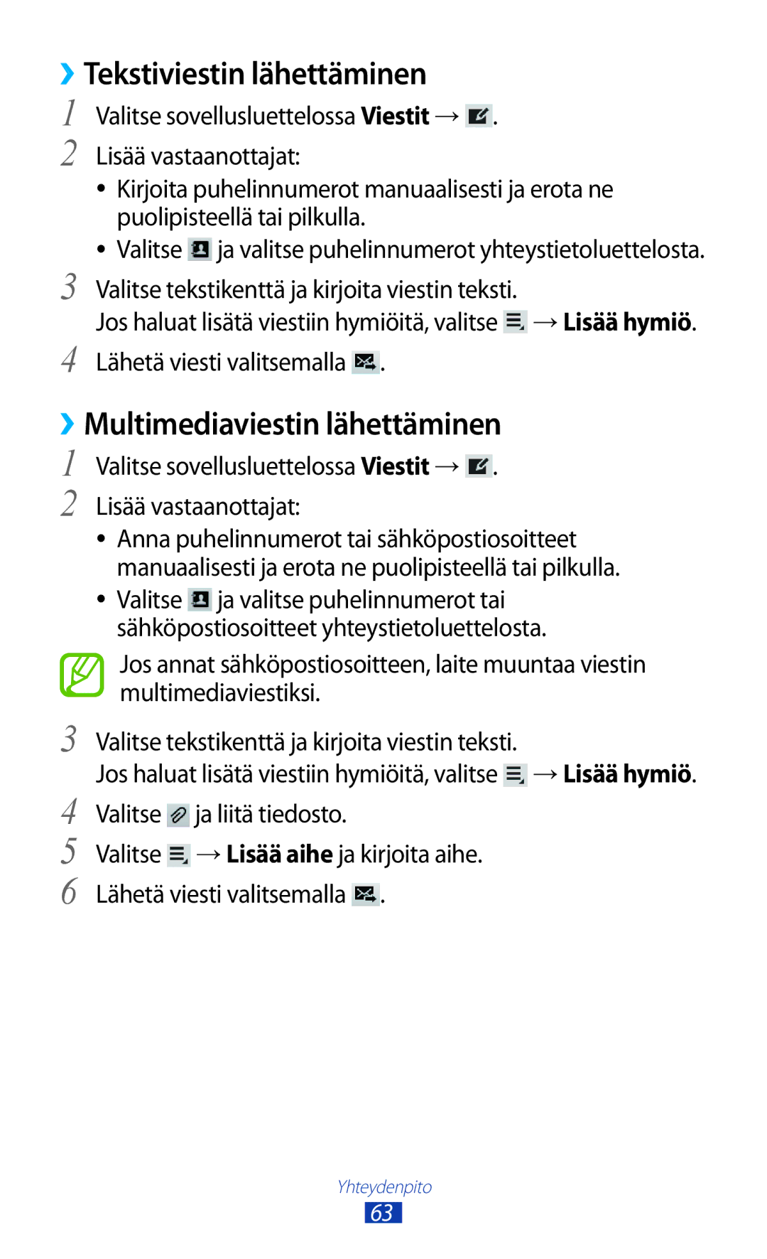 Samsung GT-P3100TSANEE manual ››Tekstiviestin lähettäminen, ››Multimediaviestin lähettäminen, Lähetä viesti valitsemalla 