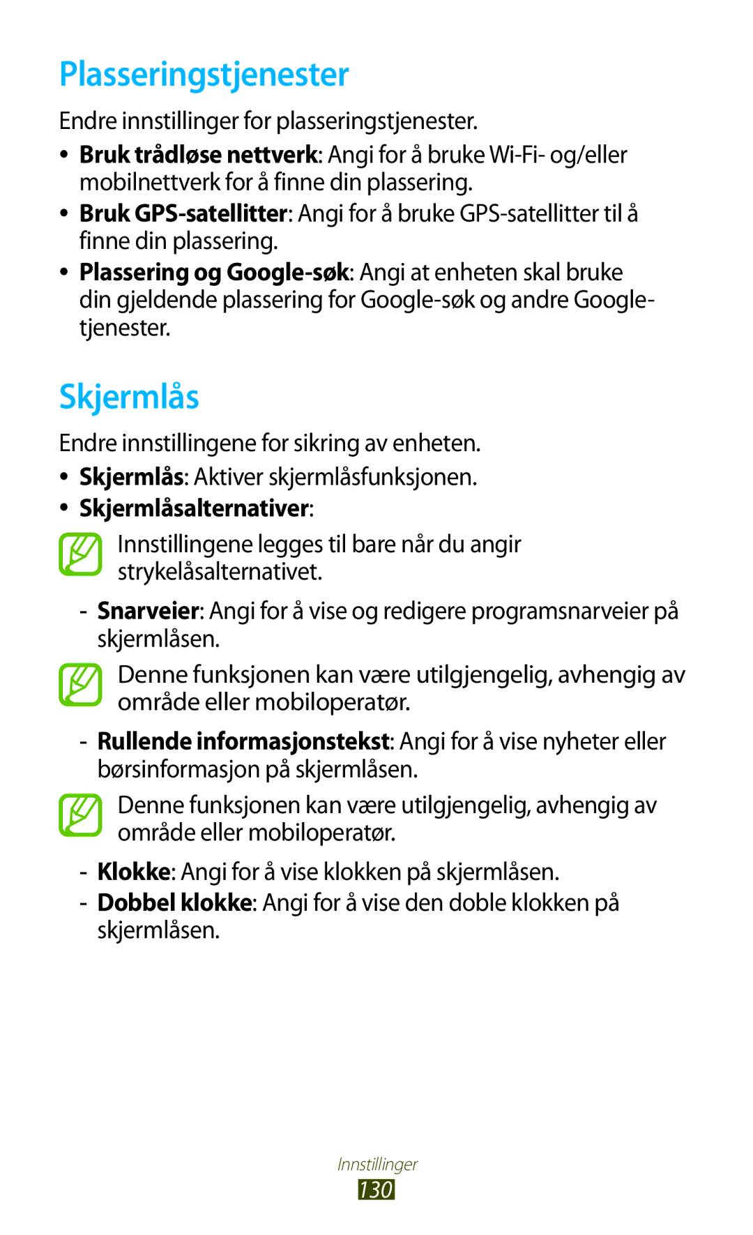 Samsung GT-P3100ZWANEE, GT-P3100TSANEE manual Plasseringstjenester, Skjermlås, Endre innstillingene for sikring av enheten 