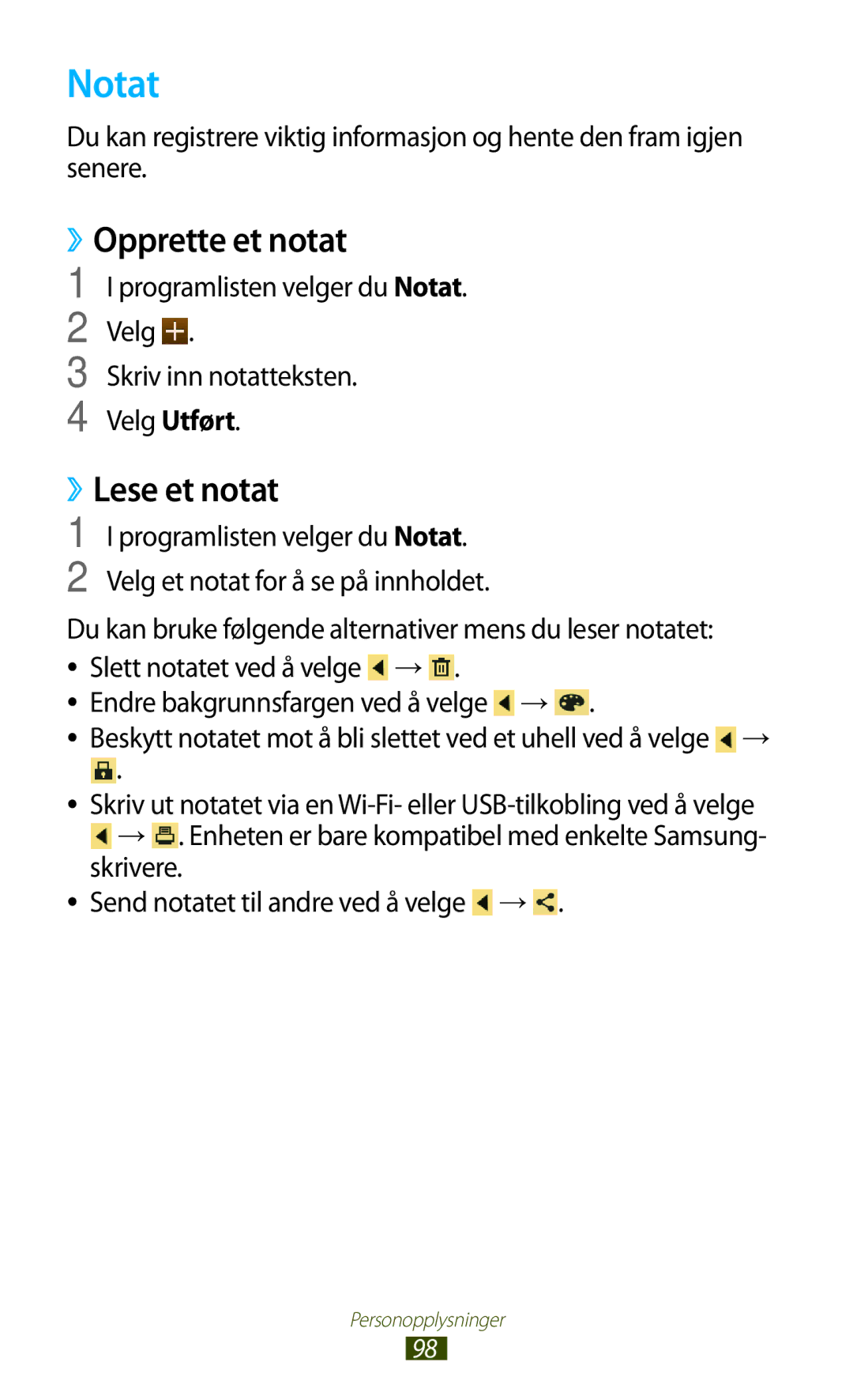 Samsung GT-P3100GRANEE, GT-P3100TSANEE, GT-P3100ZWANEE manual Notat, ››Opprette et notat, ››Lese et notat 