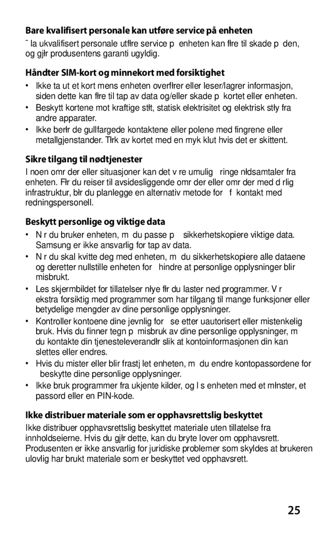 Samsung GT-P3100ZWANEE manual Bare kvalifisert personale kan utføre service på enheten, Sikre tilgang til nødtjenester 