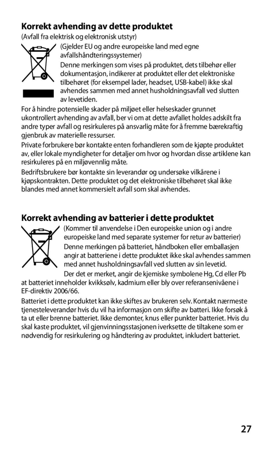 Samsung GT-P3100TSANEE manual Korrekt avhending av dette produktet, Korrekt avhending av batterier i dette produktet 