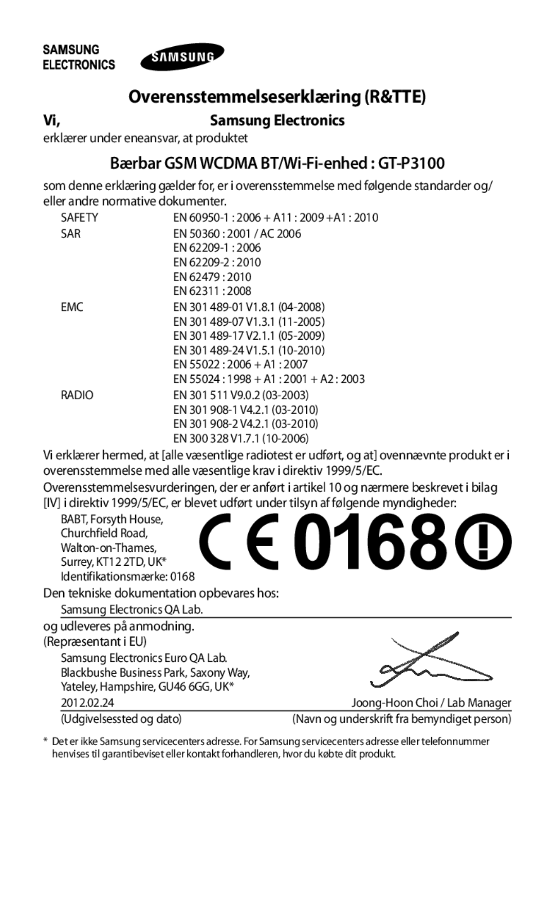 Samsung GT-P3100GRANEE, GT-P3100TSANEE manual Bærbar GSM Wcdma BT/Wi-Fi-enhed GT-P3100, Overensstemmelseserklæring R&TTE 