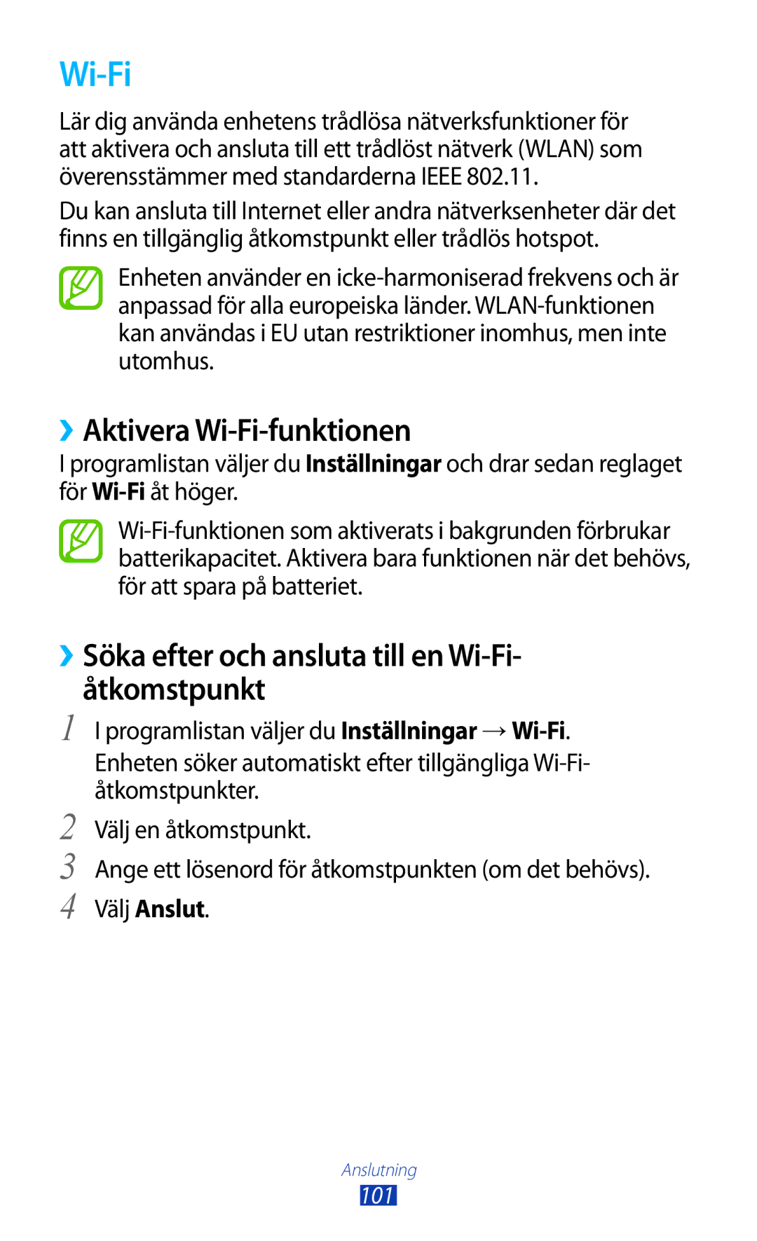 Samsung GT-P3100GRANEE manual ››Aktivera Wi-Fi-funktionen, ››Söka efter och ansluta till en Wi-Fi- åtkomstpunkt 