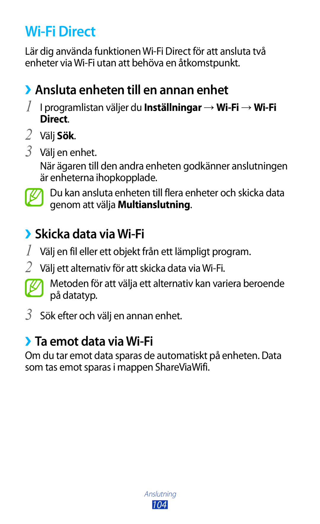 Samsung GT-P3100GRANEE, GT-P3100TSANEE manual Wi-Fi Direct, ››Ansluta enheten till en annan enhet, ››Skicka data via Wi-Fi 