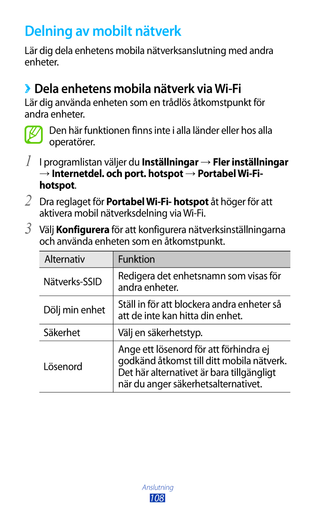 Samsung GT-P3100TSANEE, GT-P3100ZWANEE, GT-P3100GRANEE Delning av mobilt nätverk, ››Dela enhetens mobila nätverk via Wi-Fi 