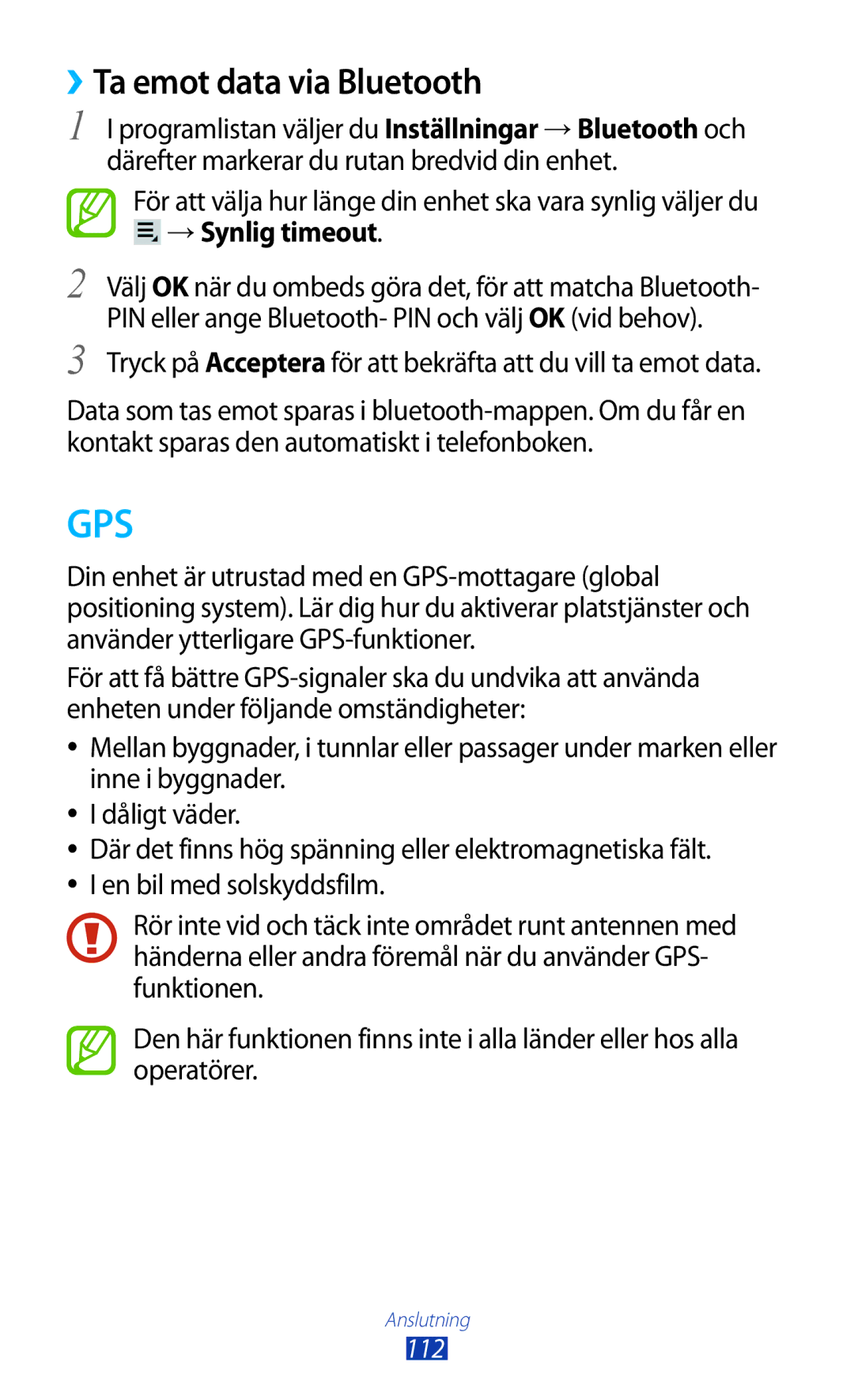 Samsung GT-P3100ZWANEE, GT-P3100TSANEE, GT-P3100GRANEE manual ››Ta emot data via Bluetooth, →Synlig timeout 