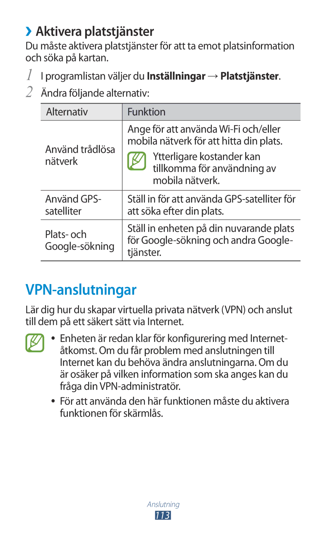 Samsung GT-P3100GRANEE, GT-P3100TSANEE, GT-P3100ZWANEE manual VPN-anslutningar, ››Aktivera platstjänster 