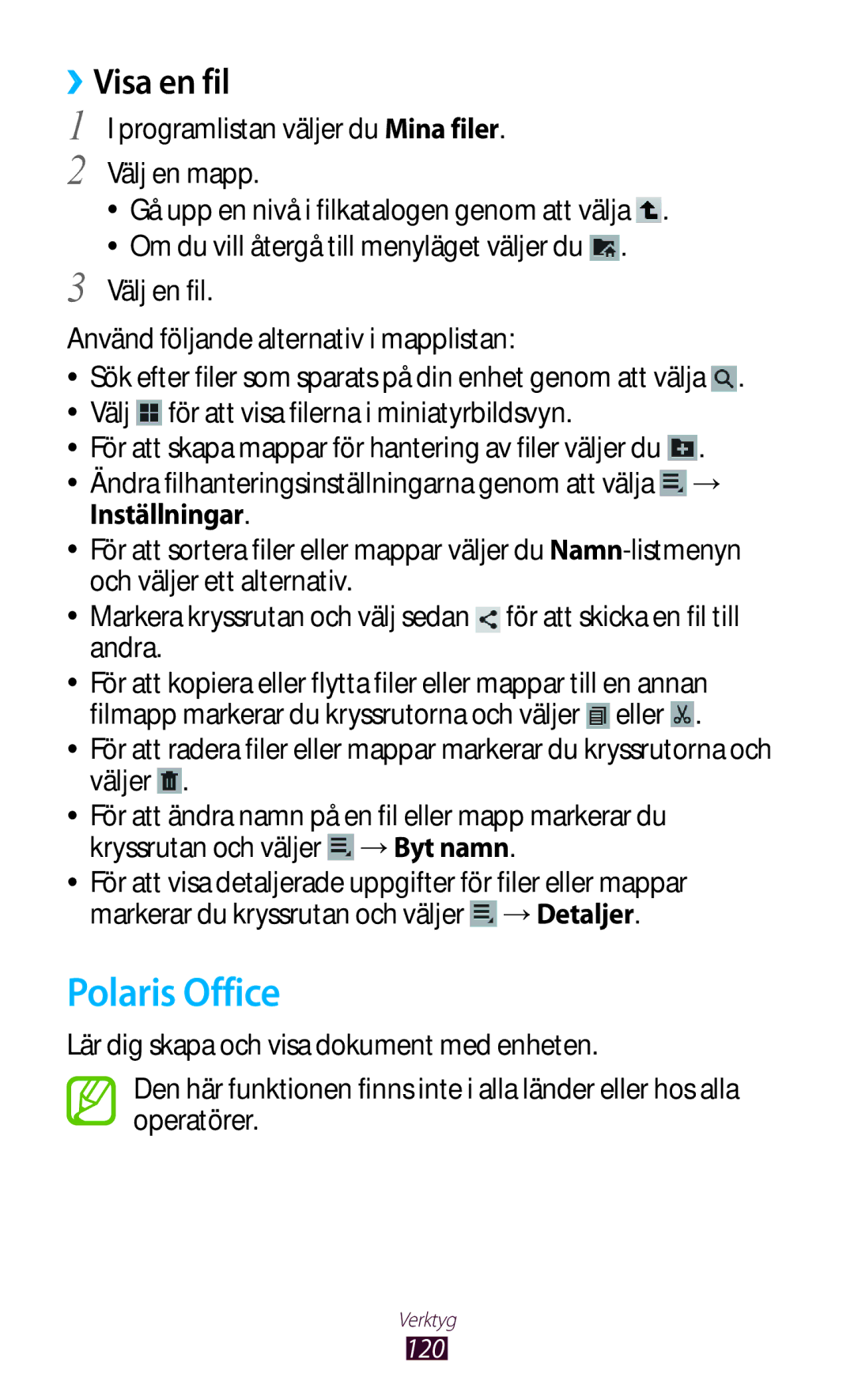 Samsung GT-P3100TSANEE, GT-P3100ZWANEE manual Polaris Office, Välj för att visa filerna i miniatyrbildsvyn, Inställningar 
