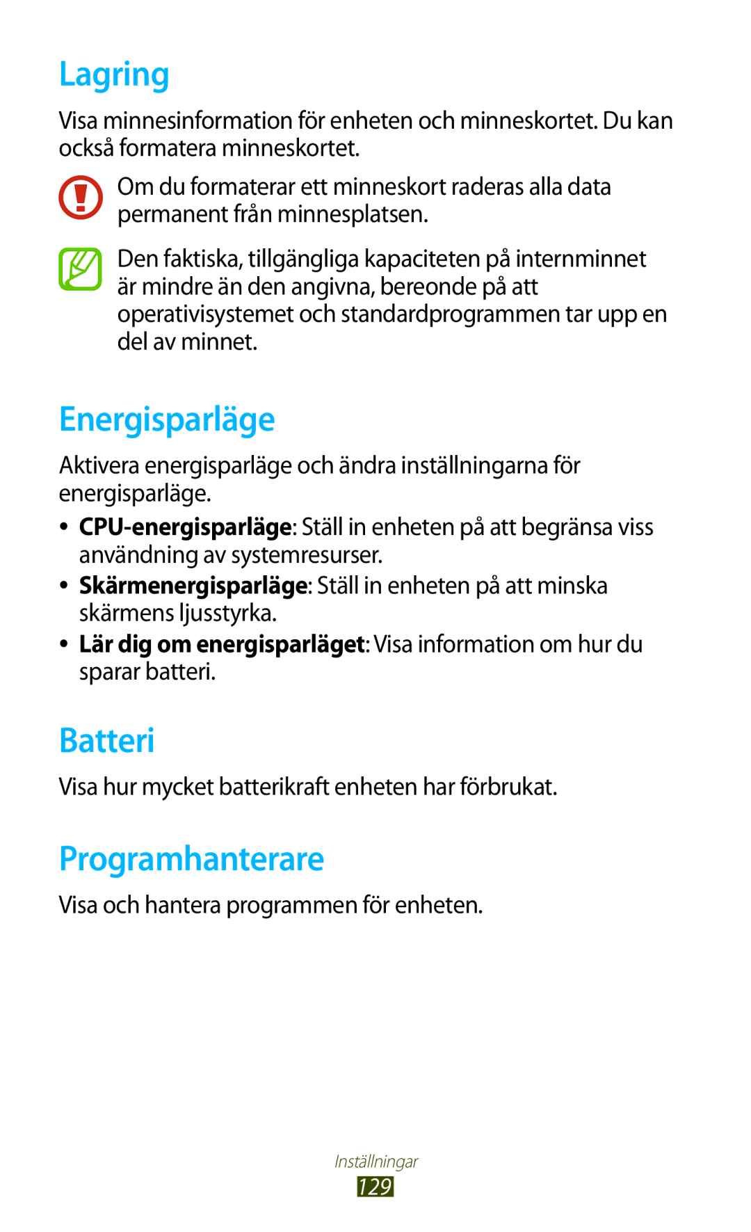 Samsung GT-P3100TSANEE, GT-P3100ZWANEE, GT-P3100GRANEE manual Lagring, Energisparläge, Batteri, Programhanterare 