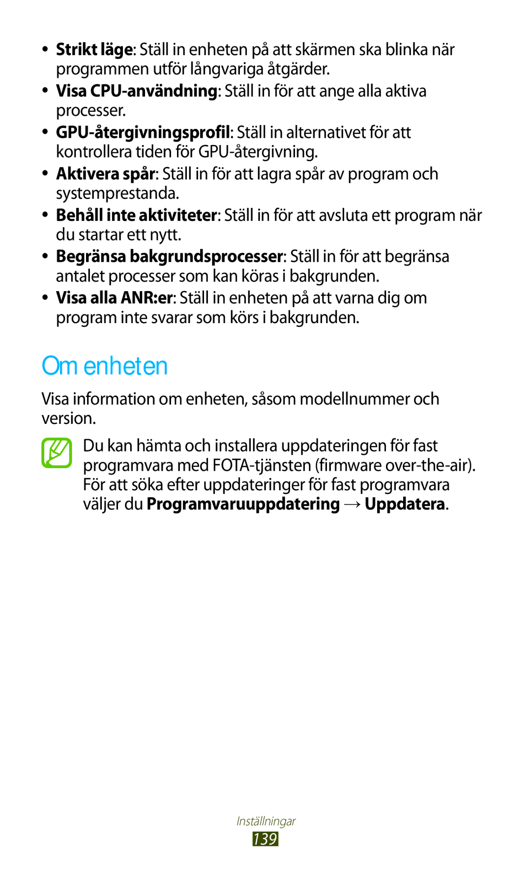 Samsung GT-P3100ZWANEE, GT-P3100TSANEE manual Om enheten, Visa information om enheten, såsom modellnummer och version 