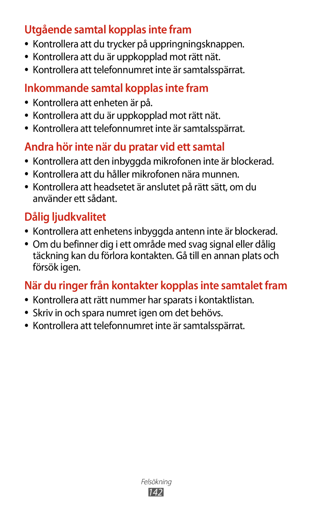 Samsung GT-P3100ZWANEE manual Utgående samtal kopplas inte fram, Kontrollera att telefonnumret inte är samtalsspärrat 