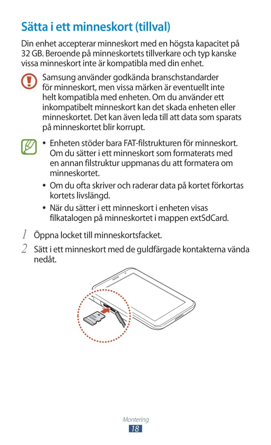 Samsung GT-P3100TSANEE, GT-P3100ZWANEE, GT-P3100GRANEE manual Sätta i ett minneskort tillval 