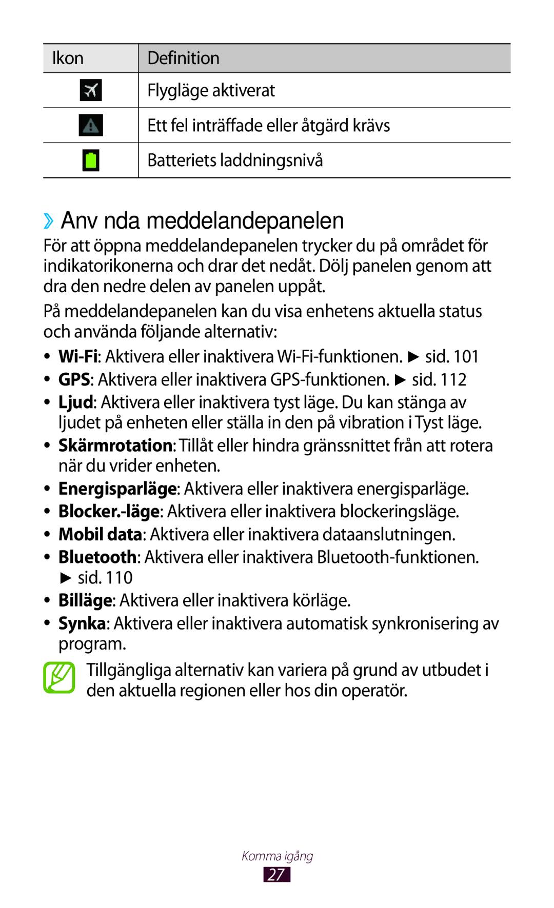 Samsung GT-P3100TSANEE, GT-P3100ZWANEE manual ››Använda meddelandepanelen, GPS Aktivera eller inaktivera GPS-funktionen. sid 