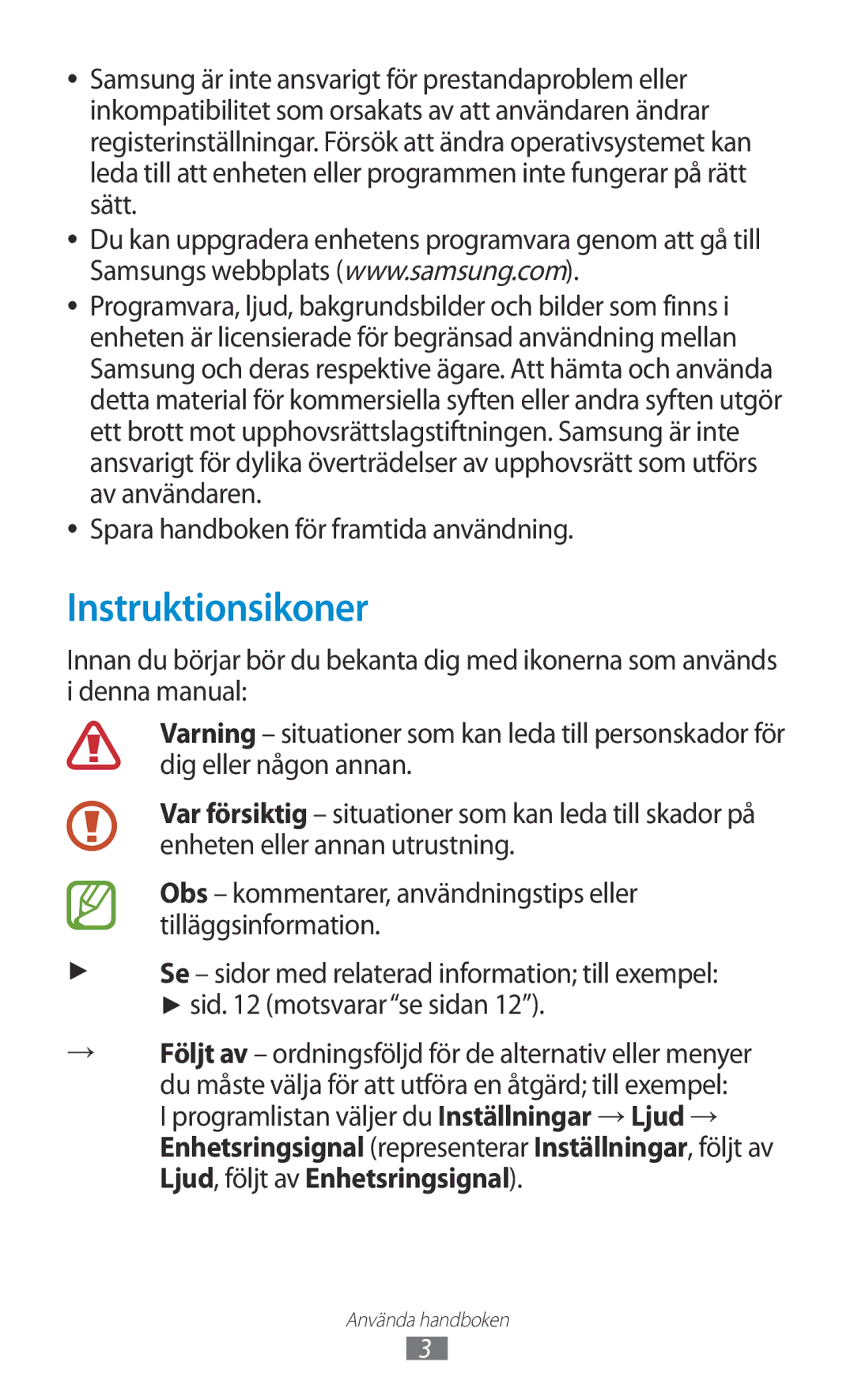 Samsung GT-P3100TSANEE, GT-P3100ZWANEE, GT-P3100GRANEE manual Instruktionsikoner, Spara handboken för framtida användning 