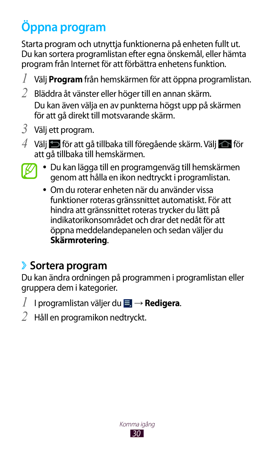 Samsung GT-P3100TSANEE, GT-P3100ZWANEE, GT-P3100GRANEE manual Öppna program, ››Sortera program 