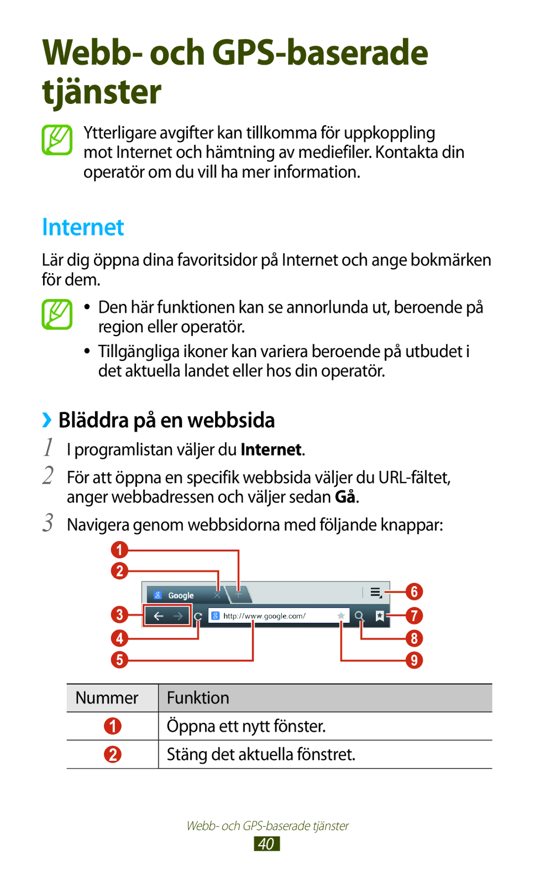 Samsung GT-P3100ZWANEE, GT-P3100TSANEE, GT-P3100GRANEE manual ››Bläddra på en webbsida, Programlistan väljer du Internet 