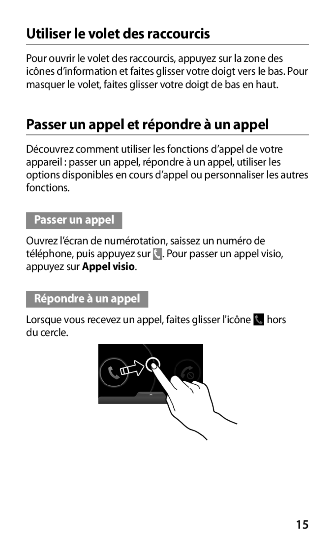 Samsung GT-P3100ZWEXEF, GT-P3100TSASFR manual Utiliser le volet des raccourcis, Passer un appel et répondre à un appel 