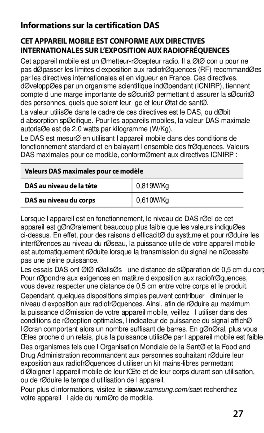 Samsung GT-P3100TSAFTM, GT-P3100TSASFR, GT-P3100ZWEXEF, GT-P3100TSESFR, GT-P3100TSABOG Informations sur la certification DAS 