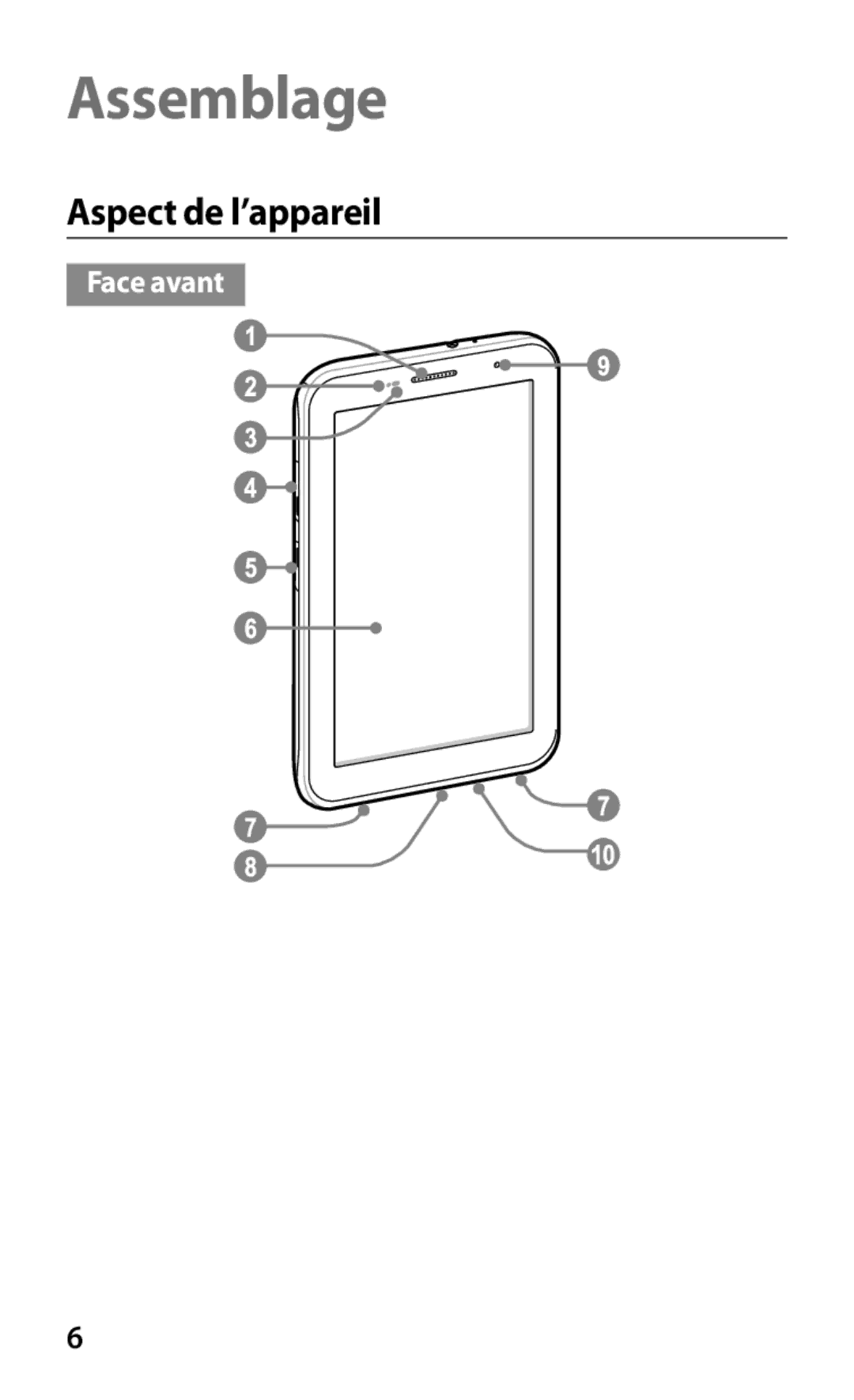 Samsung GT-P3100TSAXEF, GT-P3100TSASFR, GT-P3100TSAFTM, GT-P3100ZWEXEF, GT-P3100TSESFR manual Assemblage, Aspect de l’appareil 