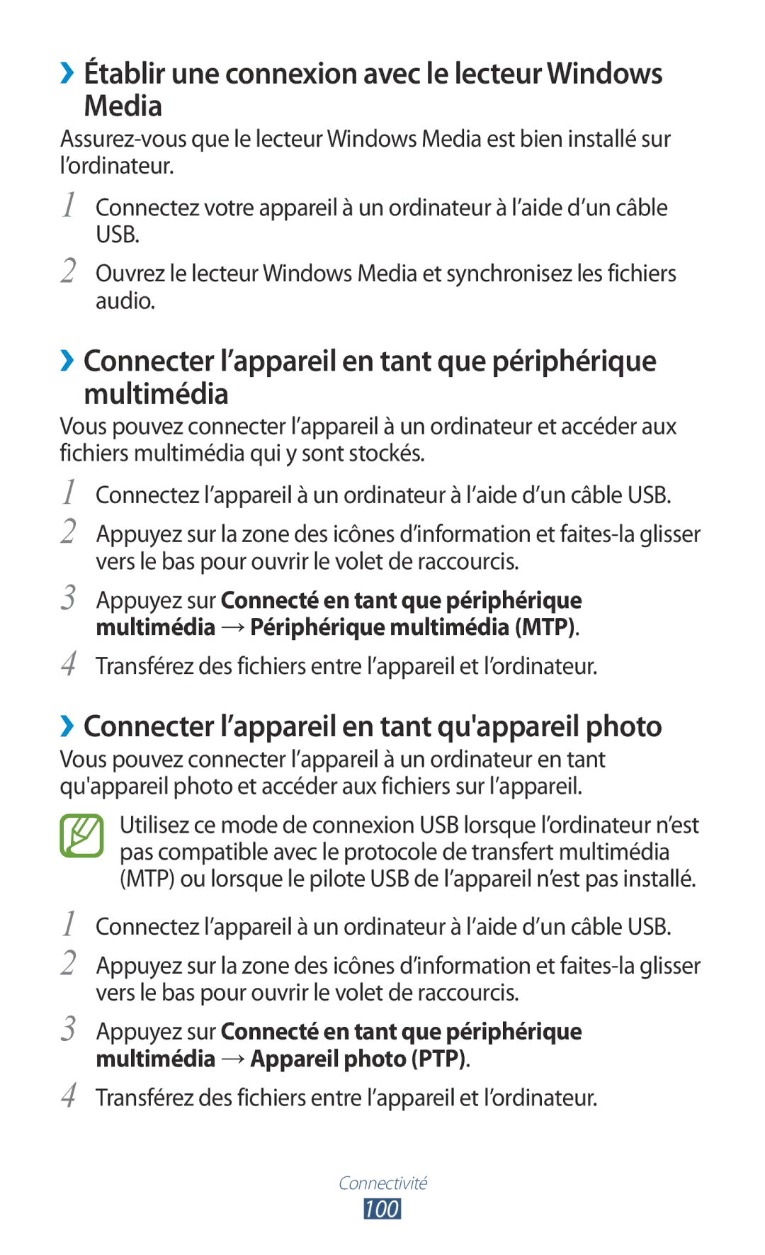 Samsung GT-P3100ZWAXEF, GT-P3100TSASFR, GT-P3100TSAFTM Media, ››Connecter l’appareil en tant que périphérique multimédia 