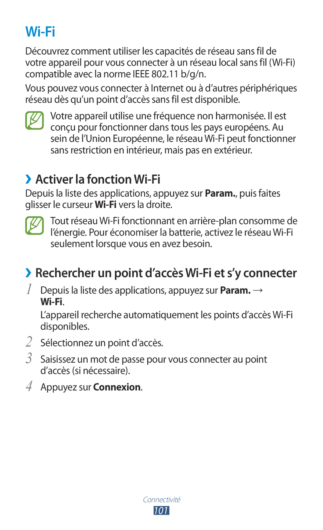 Samsung GT-P3100ZWAFTM, GT-P3100TSASFR, GT-P3100TSAFTM, GT-P3100ZWEXEF, GT-P3100TSESFR ››Activer la fonction Wi-Fi, 101 