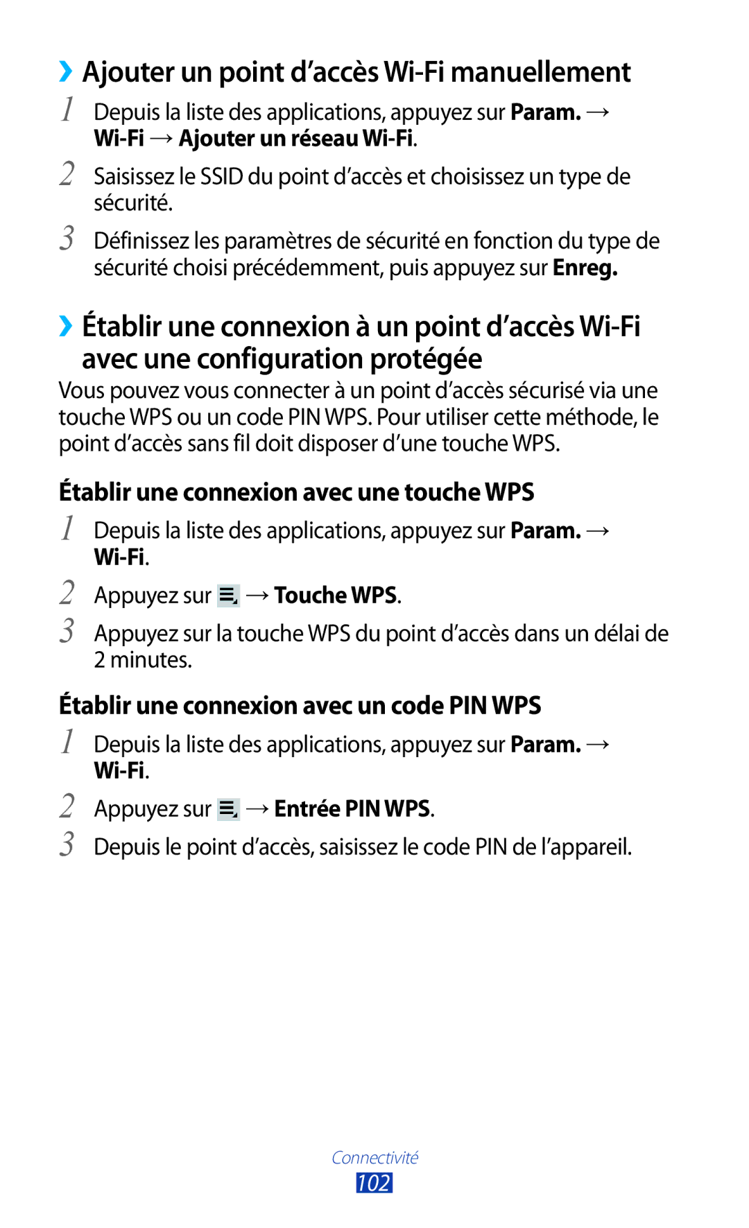 Samsung GT-P3100ZWABOG, GT-P3100TSASFR ››Ajouter un point d’accès Wi-Fi manuellement, Wi-Fi → Ajouter un réseau Wi-Fi, 102 