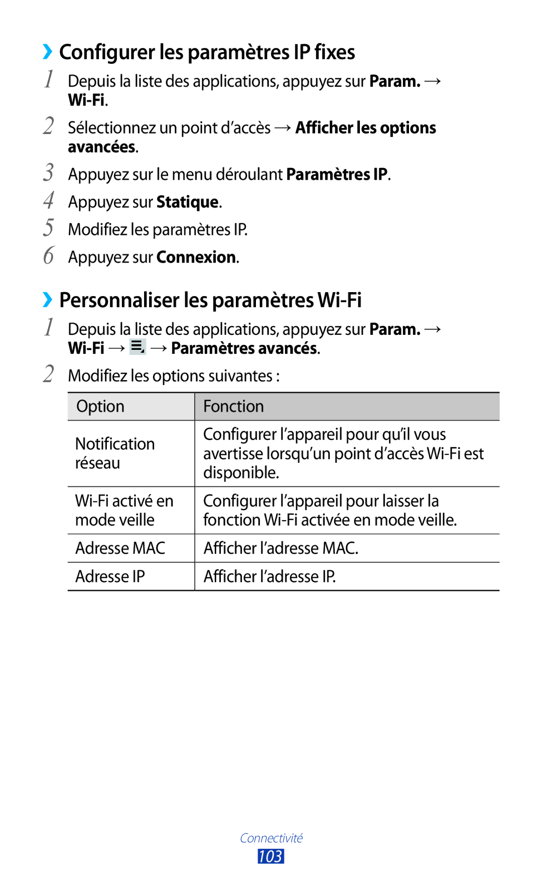 Samsung GT-P3100TSEXEF ››Configurer les paramètres IP fixes, ››Personnaliser les paramètres Wi-Fi, Réseau, Disponible, 103 