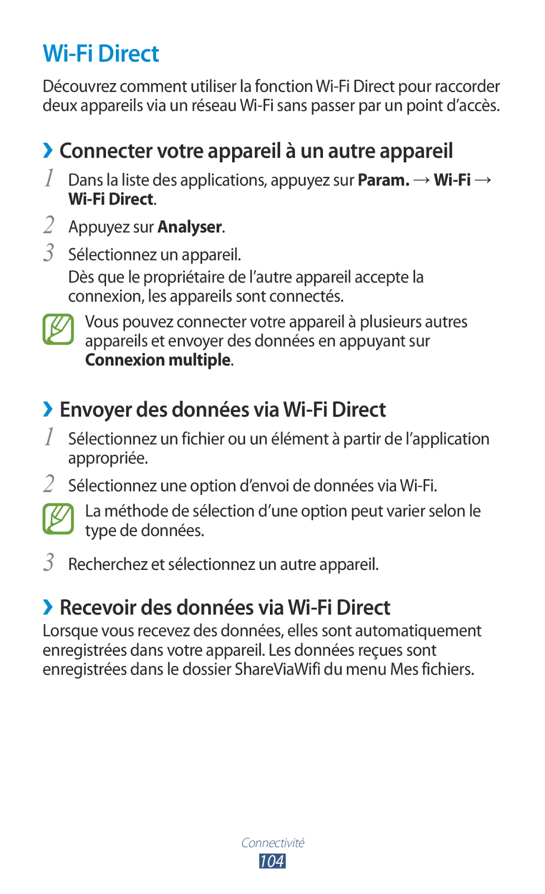 Samsung GT-P3100TSASFR, GT-P3100TSAFTM, GT-P3100ZWEXEF manual Wi-Fi Direct, ››Connecter votre appareil à un autre appareil 