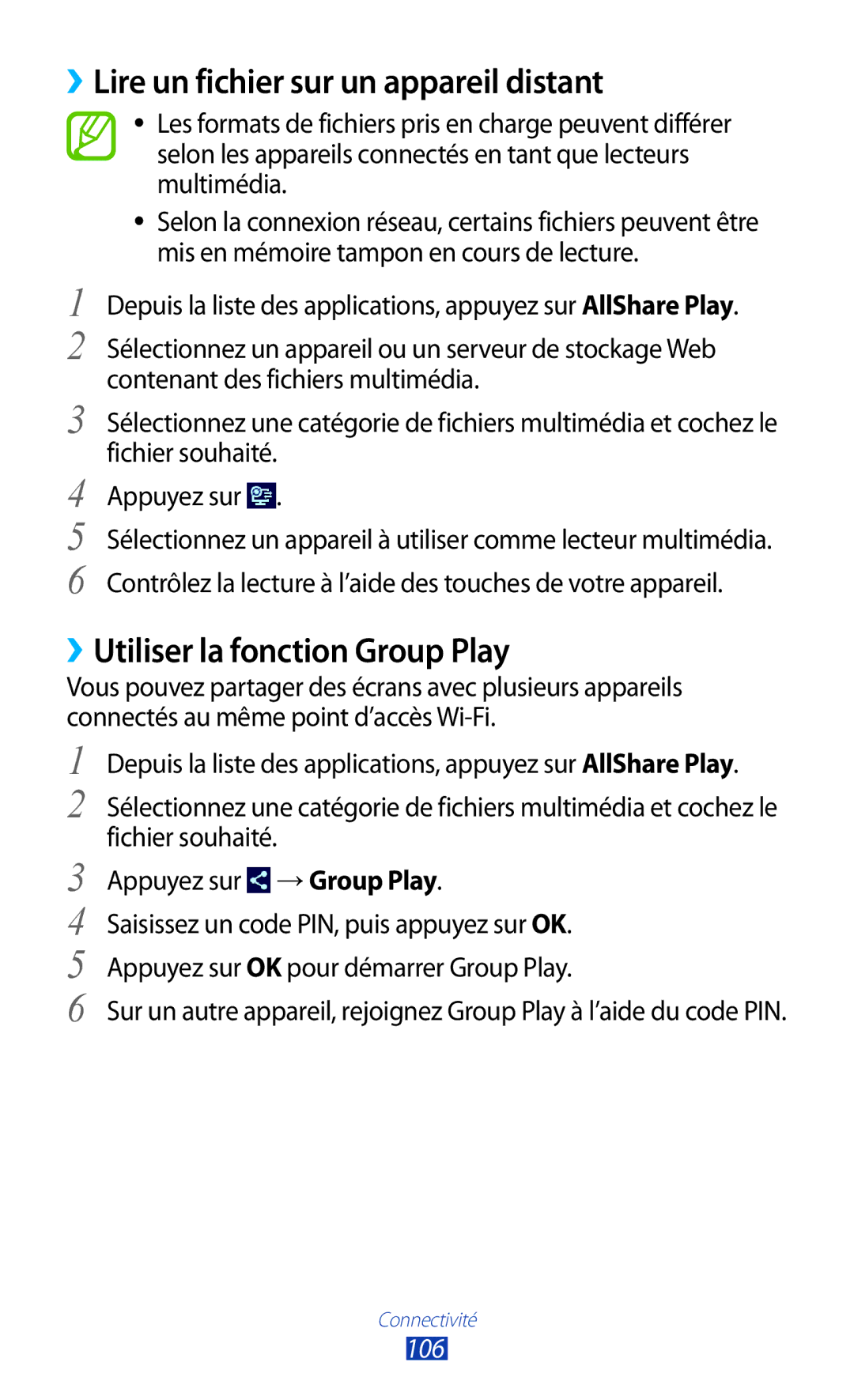 Samsung GT-P3100ZWEXEF, GT-P3100TSASFR ››Lire un fichier sur un appareil distant, ››Utiliser la fonction Group Play, 106 