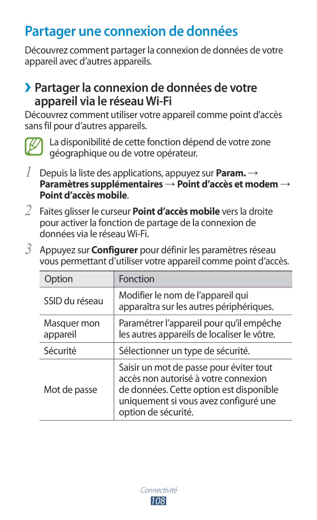 Samsung GT-P3100TSABOG, GT-P3100TSASFR, GT-P3100TSAFTM, GT-P3100ZWEXEF, GT-P3100TSESFR Partager une connexion de données, 108 