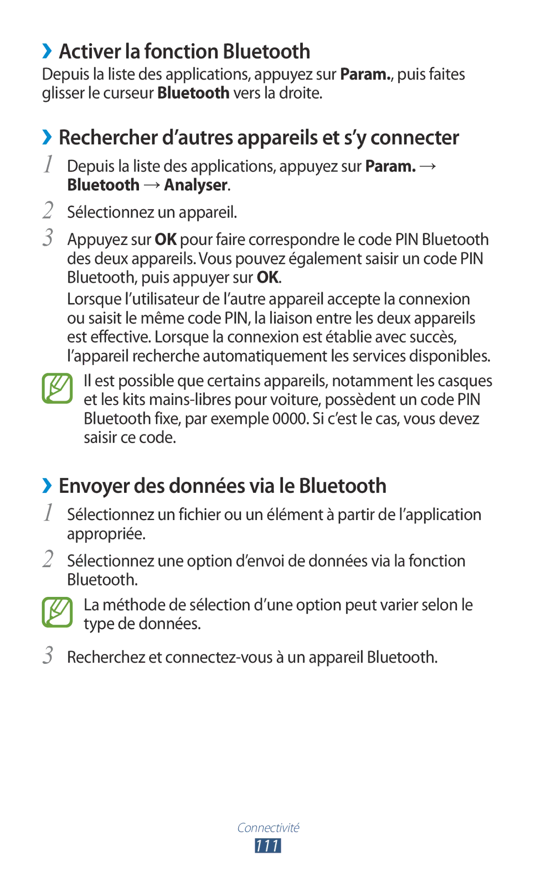 Samsung GT-P3100TSEFTM, GT-P3100TSASFR manual ››Activer la fonction Bluetooth, ››Envoyer des données via le Bluetooth, 111 