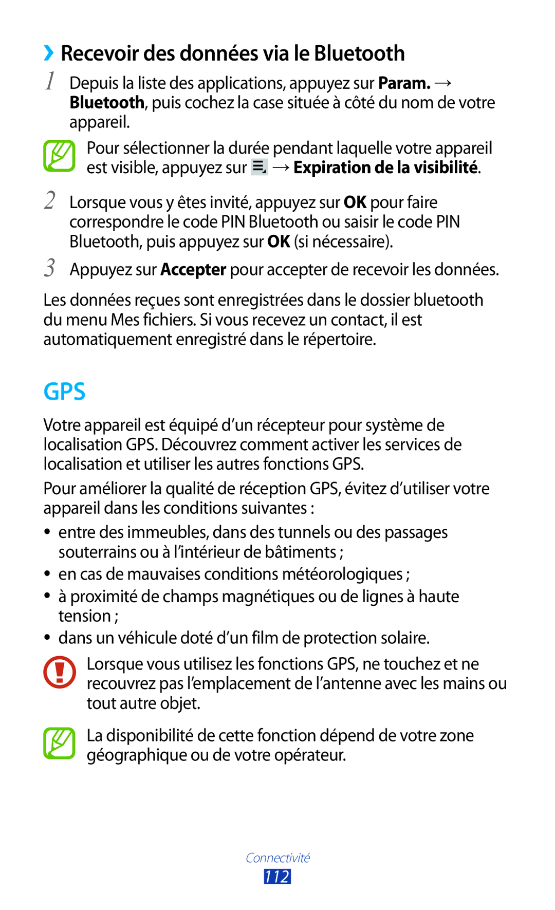 Samsung GT-P3100TSEBOG, GT-P3100TSASFR, GT-P3100TSAFTM, GT-P3100ZWEXEF manual ››Recevoir des données via le Bluetooth, 112 