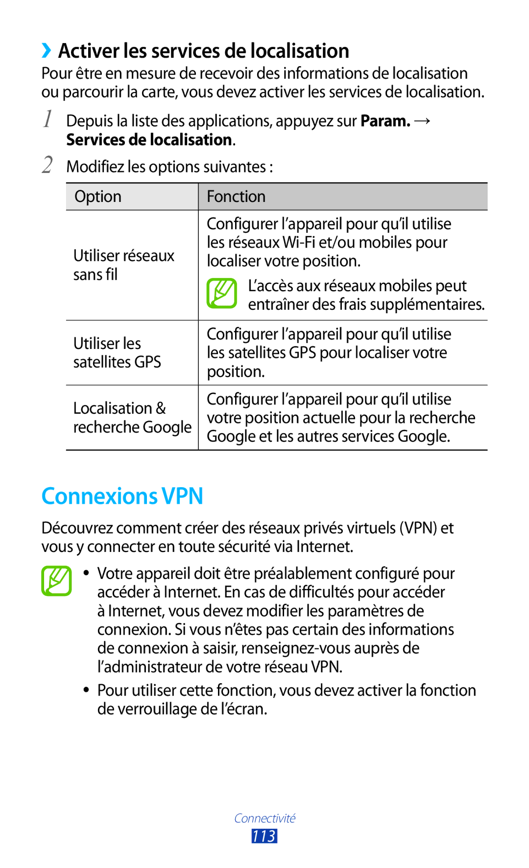 Samsung GT-P3100ZWAXEF, GT-P3100TSASFR, GT-P3100TSAFTM manual Connexions VPN, ››Activer les services de localisation, 113 