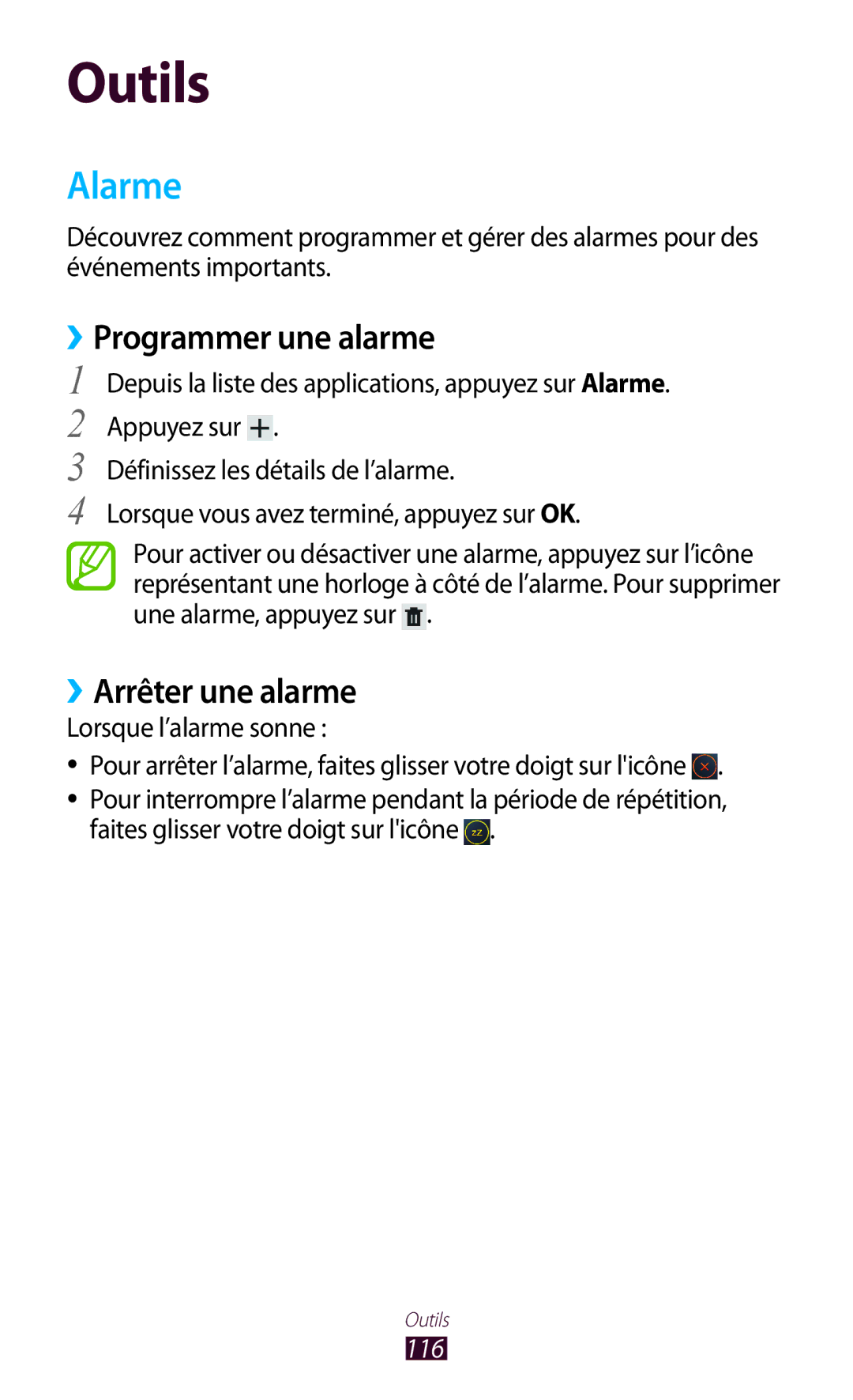 Samsung GT-P3100TSEXEF, GT-P3100TSASFR, GT-P3100TSAFTM manual Alarme, ››Programmer une alarme, ››Arrêter une alarme, 116 