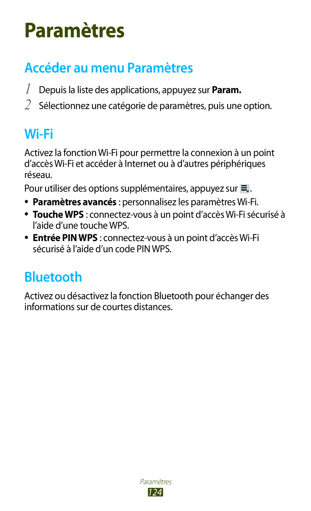 Samsung GT-P3100TSEFTM, GT-P3100TSASFR, GT-P3100TSAFTM, GT-P3100ZWEXEF, GT-P3100TSESFR manual Accéder au menu Paramètres, 124 