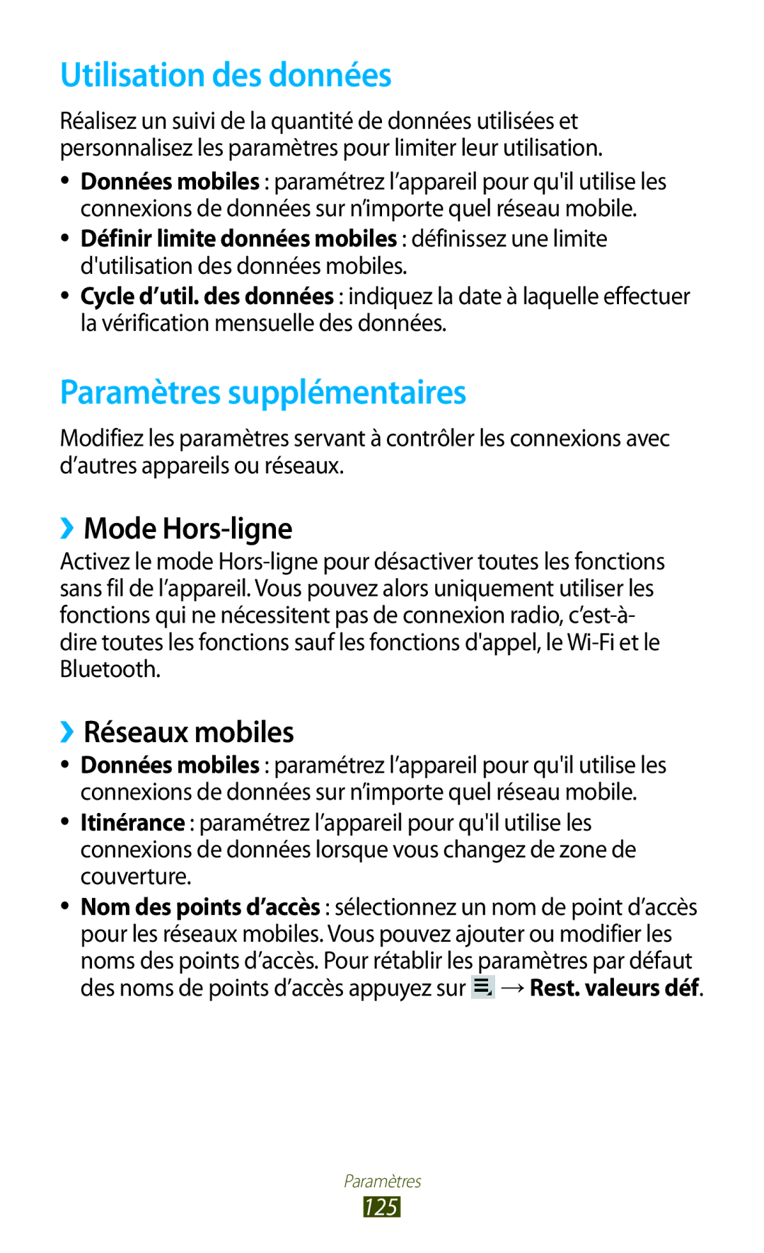 Samsung GT-P3100TSEBOG Utilisation des données, Paramètres supplémentaires, ››Mode Hors-ligne, ››Réseaux mobiles, 125 