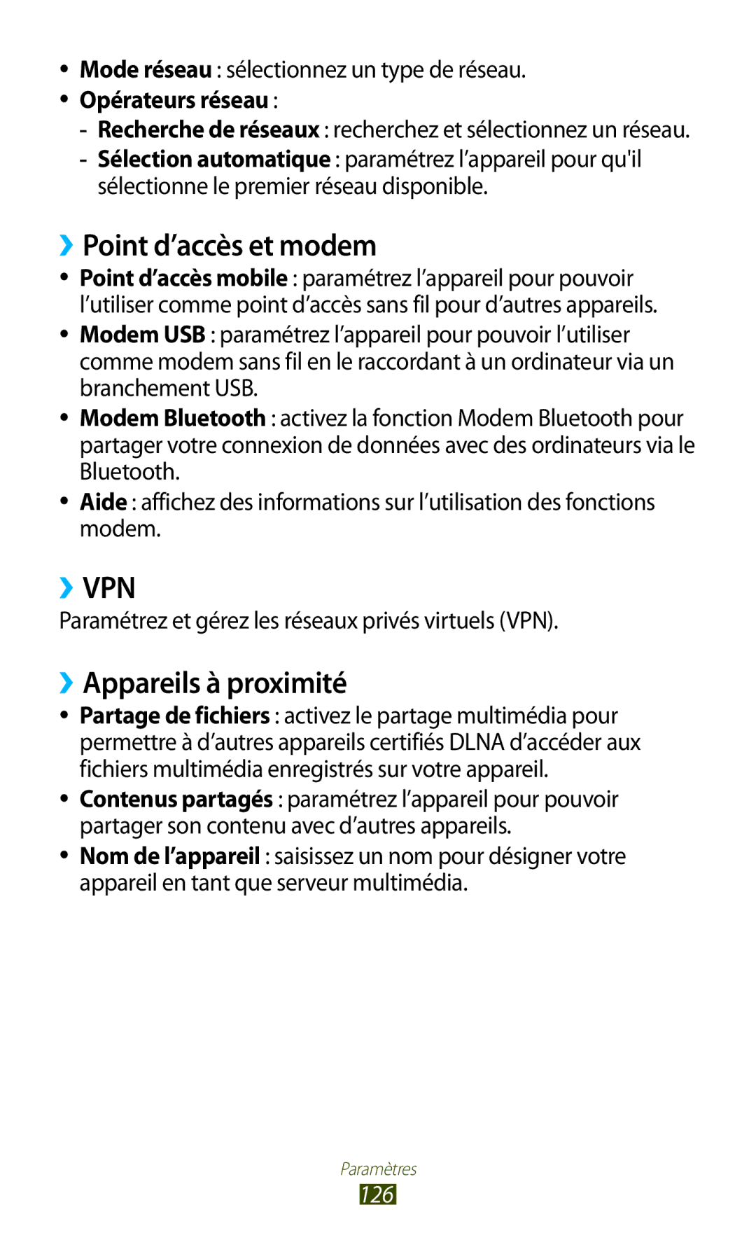 Samsung GT-P3100ZWAXEF, GT-P3100TSASFR, GT-P3100TSAFTM manual ››Point d’accès et modem, ››Appareils à proximité, 126 