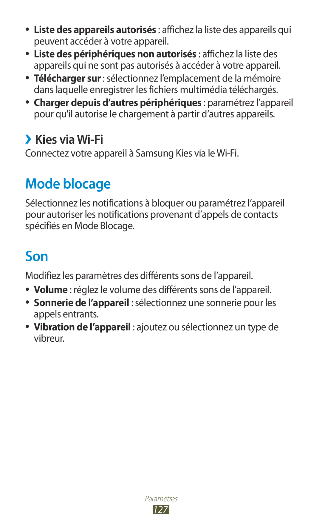 Samsung GT-P3100ZWAFTM Mode blocage, Son, ››Kies via Wi-Fi, Connectez votre appareil à Samsung Kies via le Wi-Fi, 127 