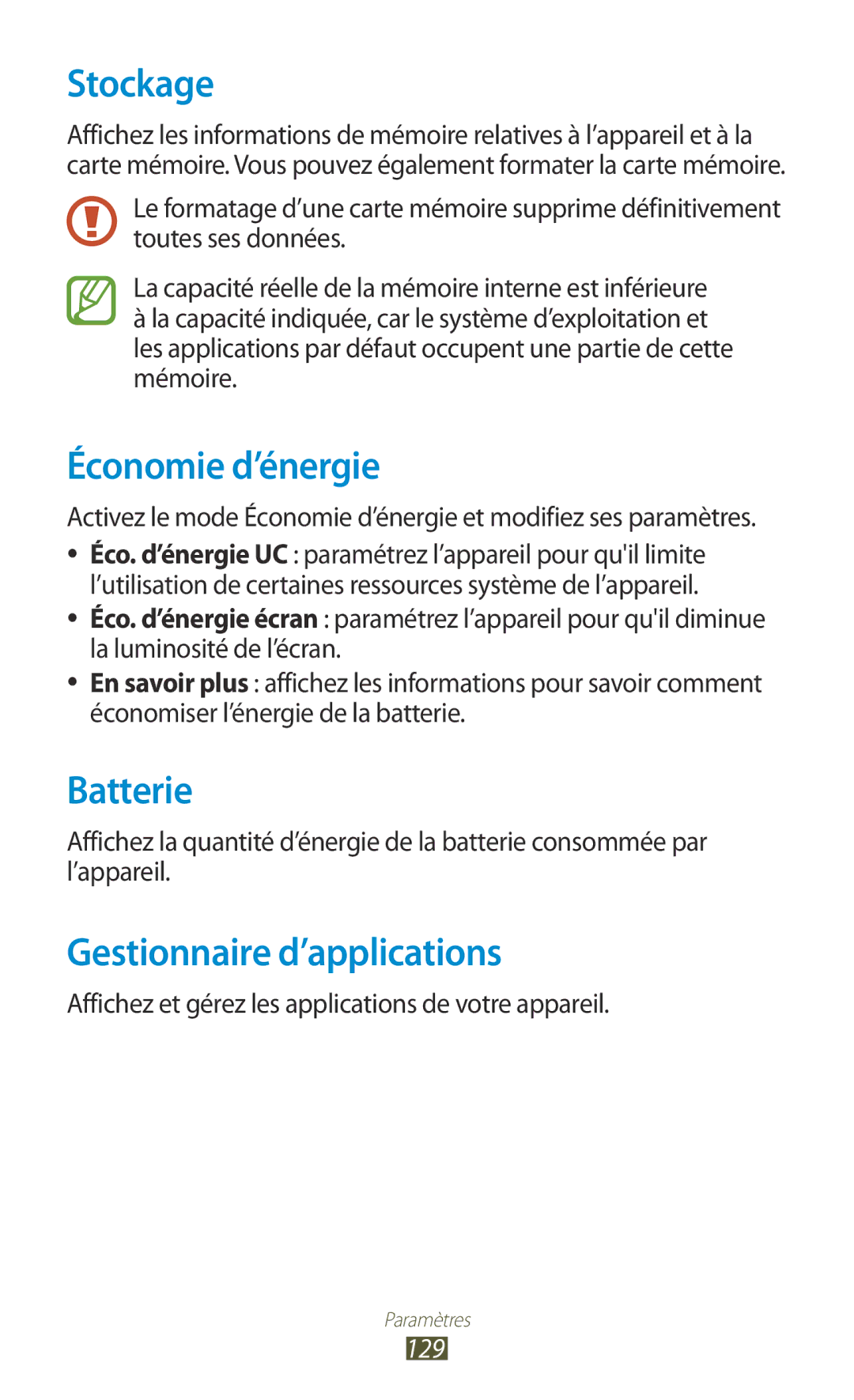 Samsung GT-P3100TSEXEF, GT-P3100TSASFR manual Stockage, Économie d’énergie, Batterie, Gestionnaire d’applications, 129 