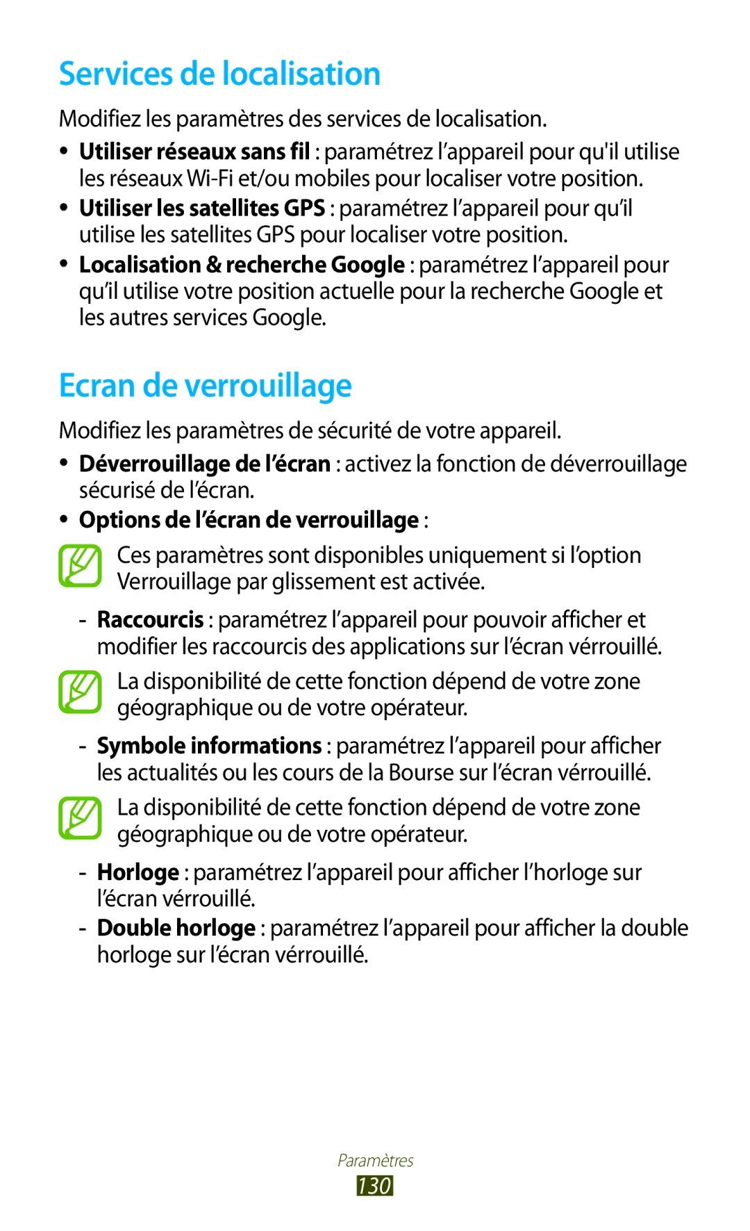 Samsung GT-P3100TSASFR manual Services de localisation, Ecran de verrouillage, Options de l’écran de verrouillage, 130 